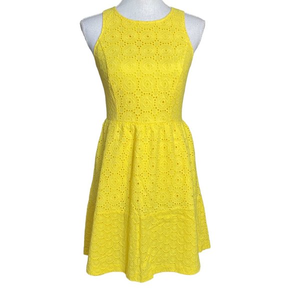 Eyelet Lace Dress S Kensie Yellow Floral Embroidered Sleeveless A-Line  Skater